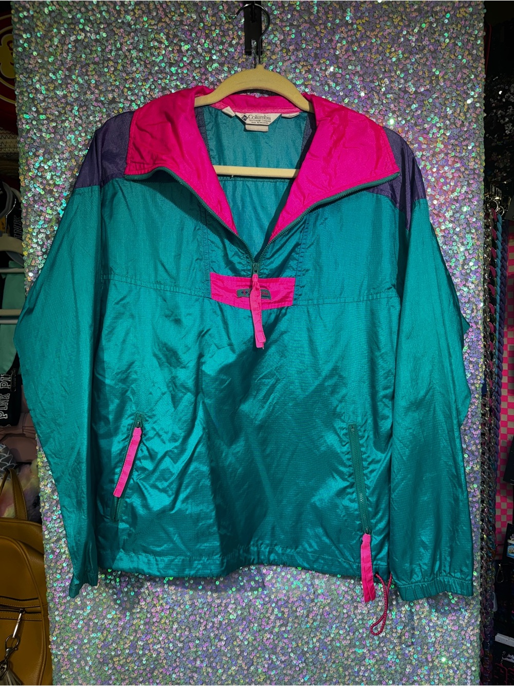 VTG Columbia Teal Pink Purple Athletic Bomber Windbreaker Jacket